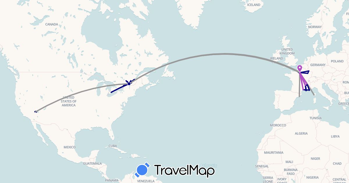 TravelMap itinerary: driving, plane, train in Canada, Spain, France, United States (Europe, North America)